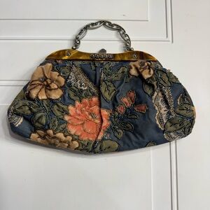 Vintage‎ Gem Detail Beaded Floral Kiss Lock Clasp Brass Handle Purse Crossbody